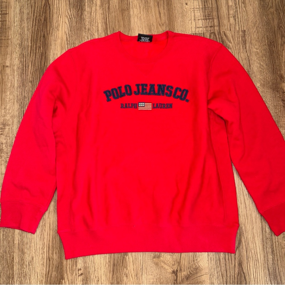 Vintage Polo Jeans Co. Ralph Lauren Sweatshirt Spellout Flag Red Women's XL EUC